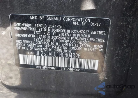 2017 Subaru Forester 2.5I Premium из США, поврежденный, VIN JF2SJAEC1HG804326